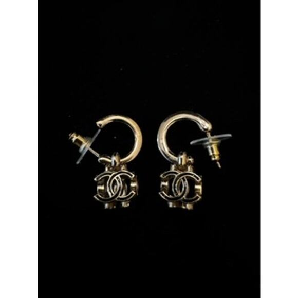 Modern Chanel light gold-tone hoop black enamel‎ cube CC COCO earring*PIERCED - Picture 1 of 4